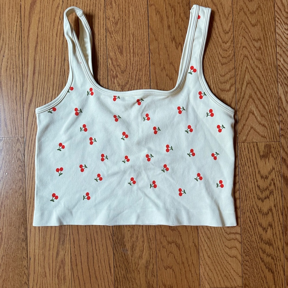 Cream Cherry Print Crop Tank Top